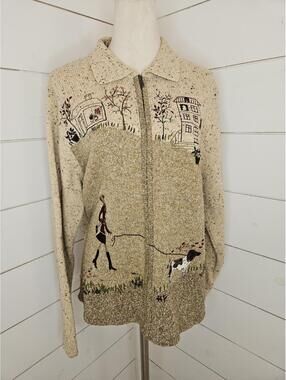 Vintage Tan Jay medium tan zipper cottage teacher core dog cardigan sweater